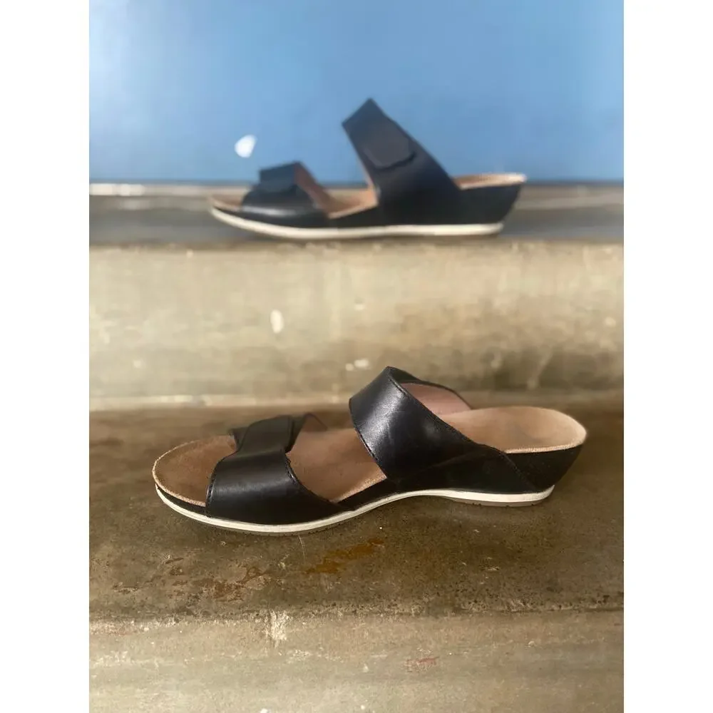 Dansko Shannon black leather adjustable two strap low wedge sandals-size 40